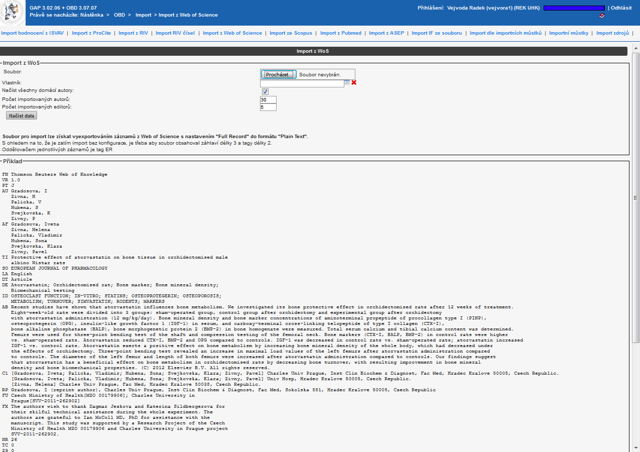 - Import z WOS probíhá pomocí již dříve uloženého souboru ve tvaru savedrecs.txt.