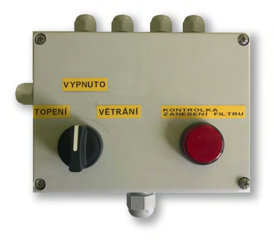 Regulace Ovládací skříňka OSK102 topení / větrání / vypnuto protimrazová ochrana signalizace zanešení filtru Popis funkcí: Regulační box slouží pro ovládání jednotek Kalormax.