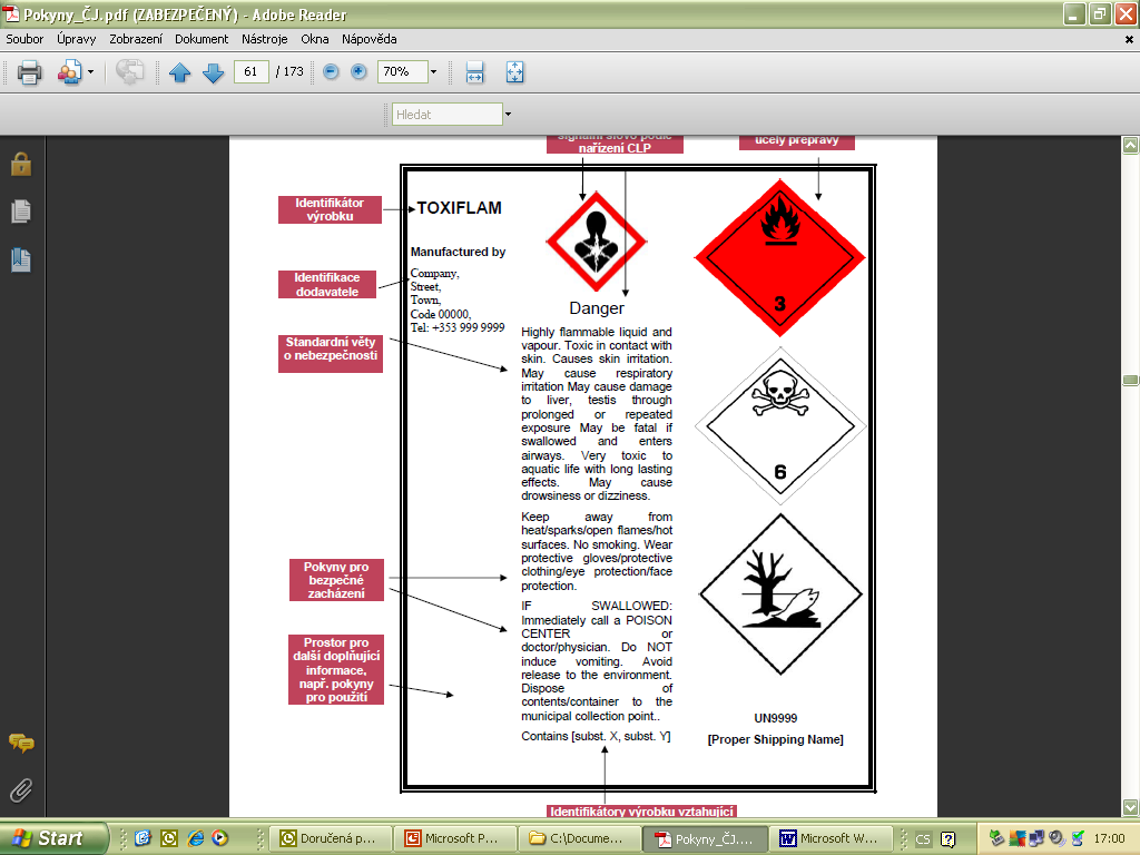 Doplňková bezpečnostní značka pro látky klasifikované jako N R50, N R50/53, N R51/53 nebo dle CLP nebezpečný pro vodní prostředí akutně, chronicky kategorie 1 a kategorie 2 Značka pro látky