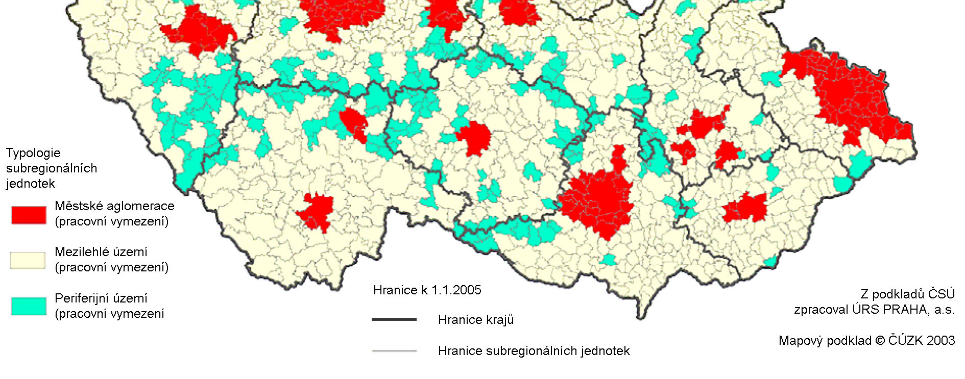 V následující mapce pak uvádí pracovní podobu těchto vymezení: Typologie prostorů pro klasifikaci venkovských obcí (Zdroj: Program rozvoje venkova České republiky na období 2007 2013, MZe ČR, Praha,