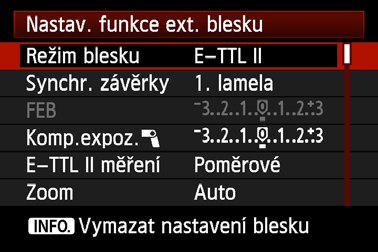 Vyberte položku [Ovládání blesku Speedlite] nebo [Ovládání blesku]. Vyberte položku [Nastavení funkce blesku].