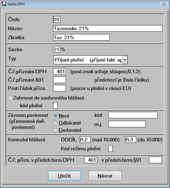 kontrolního hlášení automaticky podle zadaných položek a podle výsledné hodnoty zdanitelného plnění na celém dokladu (jsou brány plnění s nenulovým řádkem přiznání DPH, např.