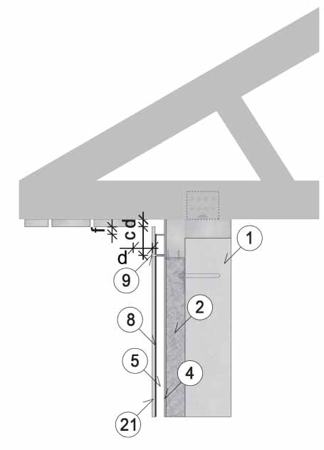 13 Montáž na dřevěný rošt pomocí vrutů Vertikální řez v oblasti střechy 2 Izolace 4 Větrová zábrana 9 Fasádní vrut Ø