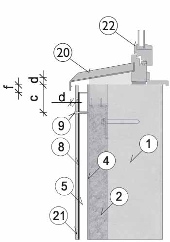 200 cm 2 /m f Přesah fasádní desky přibližně 30 mm Vertikální řez parapetem okna 2 Izolace 4 Větrová zábrana 9 Kotevní