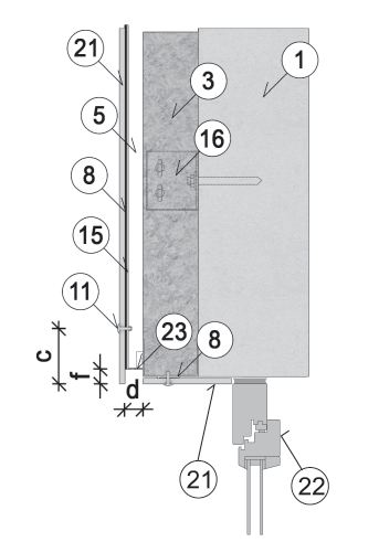 20 Montáž na hliníkový rošt pomocí nýtů Vertikální řez parapetem okna 11 Nýt Ø 4,0 14 mm 15 Hliníkový podkladní rošt 16 Kotevní profil podkladního