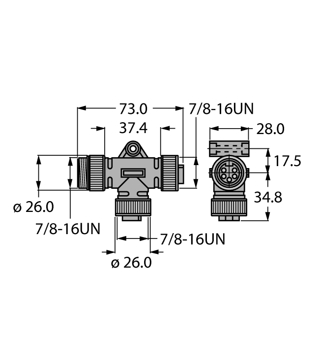 Příslušenství Identifikační číslo Rozměrový náčrtek RSM-2RKM50 6914950 Napájecí T-kus, 1x zástrčka 7/8, 2x zásuvka 7/8", 5pinová, proud: 9 A, měřicí napětí: 250 V, teplota: -40