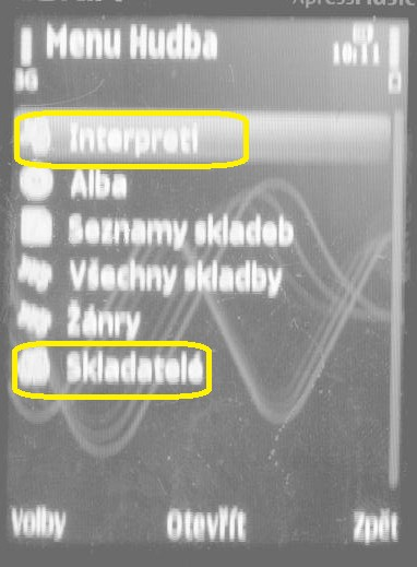 knihovny Výběr vyhledávání ne (A1) - interpret Výběr alba ne (A2) Přehrání skladby - ostatní A1 Problém s pojmenováním položek v menu hudební knihovny V hudebním menu má uživatel k dispozici dvě