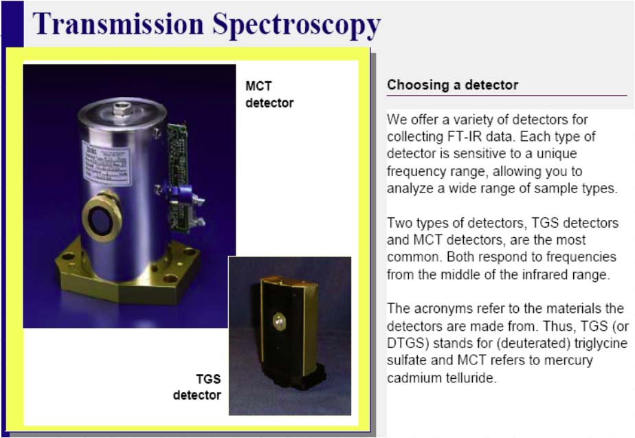 Detektory Měření spekter transmisní techniky Plynné vzorky: skleněná kyveta s délkou nejméně 10 cm