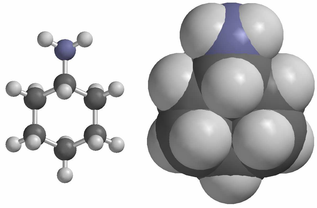 Na základě porovnání materiálních modelů molekul anilinu a benzenu určete, k jakým interakcím dochází mezi aminoskupinou a benzenovým jádrem.