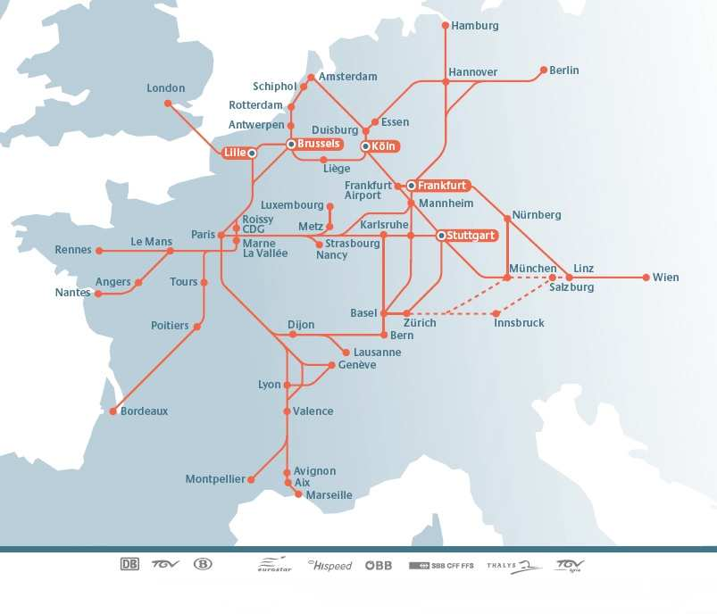 Obr. 8: Schéma vysokorychlostní sítě společnosti Railteam (zdroj: http://www.railteam.