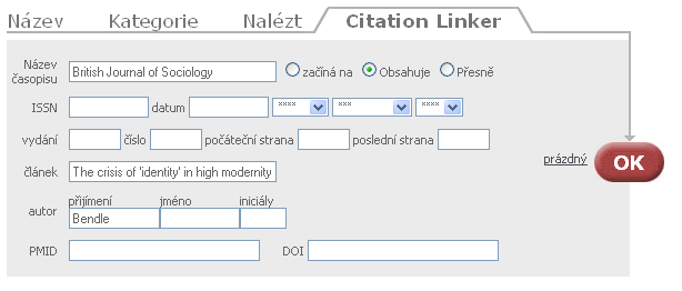 Citation Linker Portál elektronických časopisů nabízí také funkci Citation Linker. Jedná se o vyhledávací rozhraní, které na základě citace článku dohledá jeho plný text (je-li dostupný).