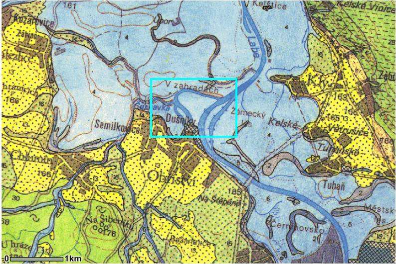 Obříství Podloží v oblasti zkoumaného ramene Půdy v oblasti zkoumaného ramene (obě mapy zdroj: Česká Česká geologická služba, http://www.geology.