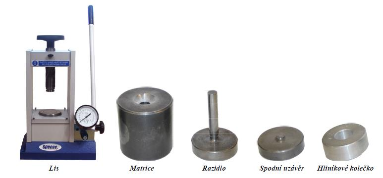 3.2 Přímé lisování Lisování tablet provádějte pomocí hydraulického lisu Specac a příslušenství pro přípravu tablet (Obrázek 1). Obrázek 1: Hydraulický lis Specac a příslušenství k výrobě tablet 1.