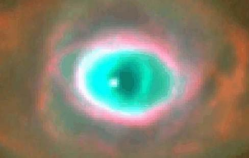 Přesýpací hodiny (MyCn 18). Fotografie HST (WFPC2, 1996). Planetární mlhovina s centrem ve tvaru Oka.