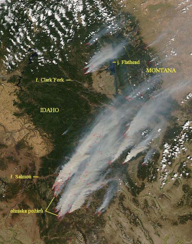 PŘÍRODNÍ KATASTROFY - POŽÁRY USA oblast států Idaho a Montana během zuřících požárů 12.