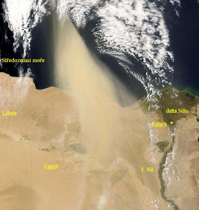 PŘÍRODNÍ KATASTROFY PRACHOVÉ BOUŘE Severní Afrika prachová bouře nad severní částí Egypta 19. května 2007 Snímek pořízený družicí Terra z 19.