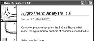 Úvodní okno programu HygroThermAnalysis Výpočetní program pro teplotně-vlhkostní analýzu betonových obdélníkových průřezů (desky, stěny, nosníky, sloupy) vystavených požáru.