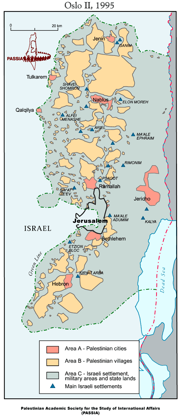Mapa 3: Rozdělení Západního břehu do zón, Oslo II, 1995