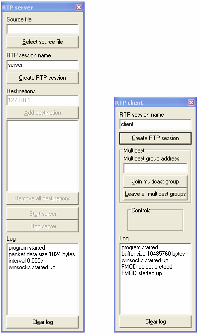 Obrázek 8.3: Náhled na aplikace RTP server a RTP client fáze spuštění Tlačítkem Select source file (RTP server) se zobrazí dialog, kde je možné vybrat zvukový soubor pro vysílání.