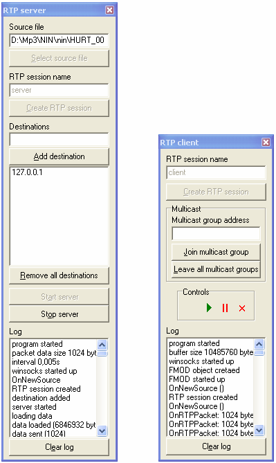 Na obrázku 8.5 jsou aplikace zachyceny ve fázi, kdy se přenáší RTP data, které si klient může přehrát.