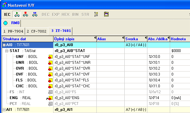 3. ANALOGOVÝ VSTUPNÍ MODUL IT-7601 Obr. 3.5 Struktura dat analogového modulu IT-7601 Struktura dat modulu je programem Mosaic automaticky generována (podle panelu Nastavení V/V) do souboru HWconfig.