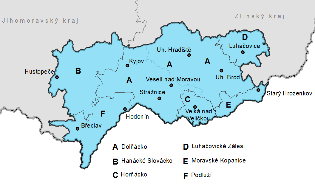 Modrou barvou jsou znázorněna území vzniklá zařazením konkrétních obcí do některého z uvedených subregionů či okrsků tak, jak je definovali citovaní etnografové.