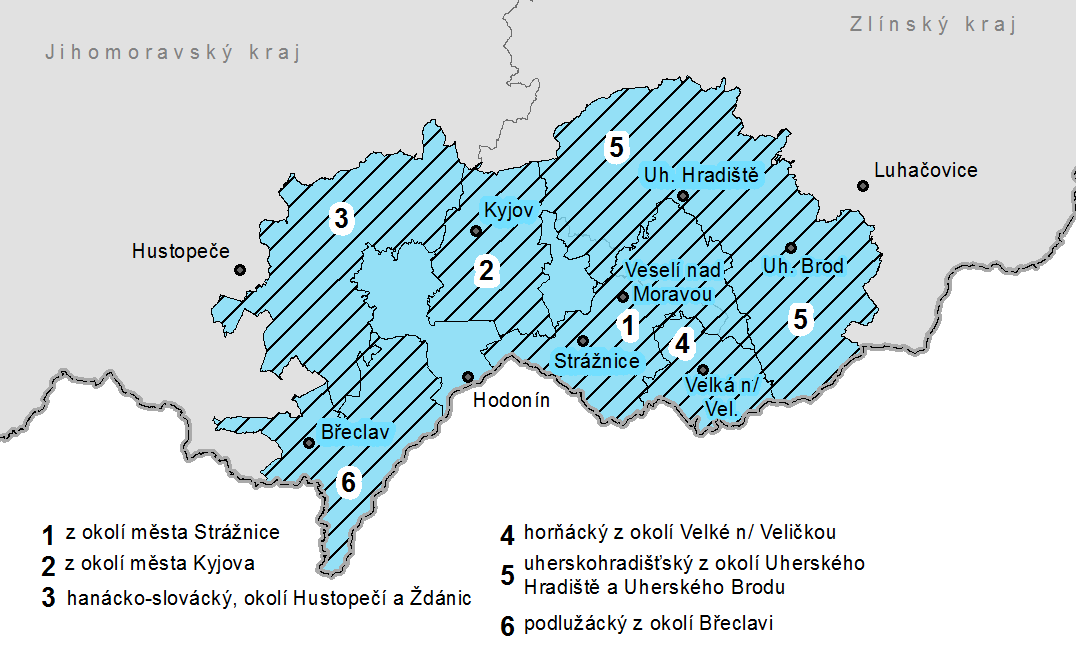 Obr. 11: Výřez z mapy Rozšíření verbuňku na území Slovácka, která modrou barvou zobrazuje území Slovácka, kde se tančí verbuňk.