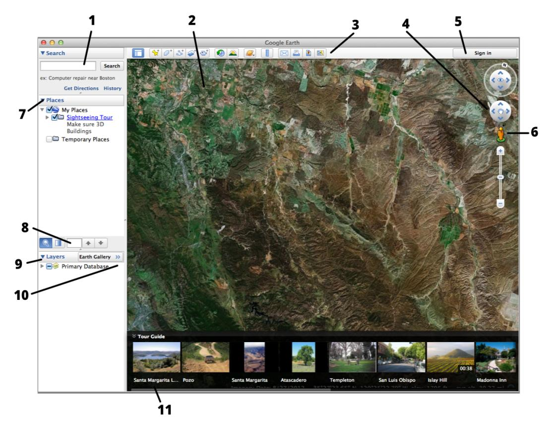 Obr. 28:Uživatelské rozhraní desktopové aplikace Google Earth. Převzato z [45]. 1 Panel hledání vyhledání míst, trasy; správa výsledků hledání, apod.
