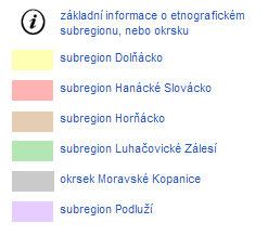 Obr. 44: Podoba mapové legendy pro téma etnografického regionu Slovácko, znázorněná při současném zobrazení bodové vrstvy a zobrazení podrobné tematické vrstvy území v mapovém poli. 7.4.3 Návrh vizuálního stylu webových stránek Vizuální podoba webových stránek s mapovou aplikací byla navržena s využitím kaskádových stylů (CSS).