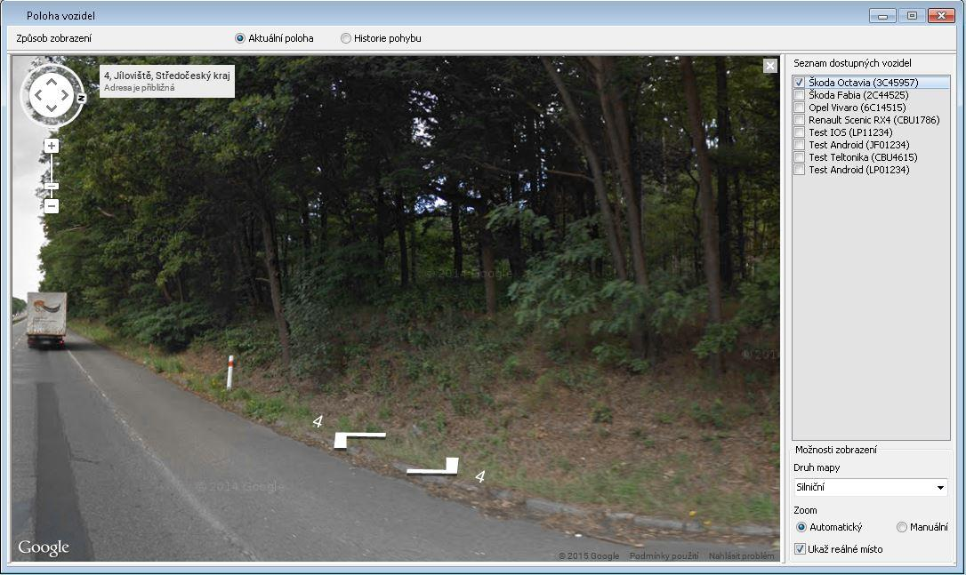 náhled aktuálního místa vozidla pomocí Google Street View (pokud je tato volba dostupná).