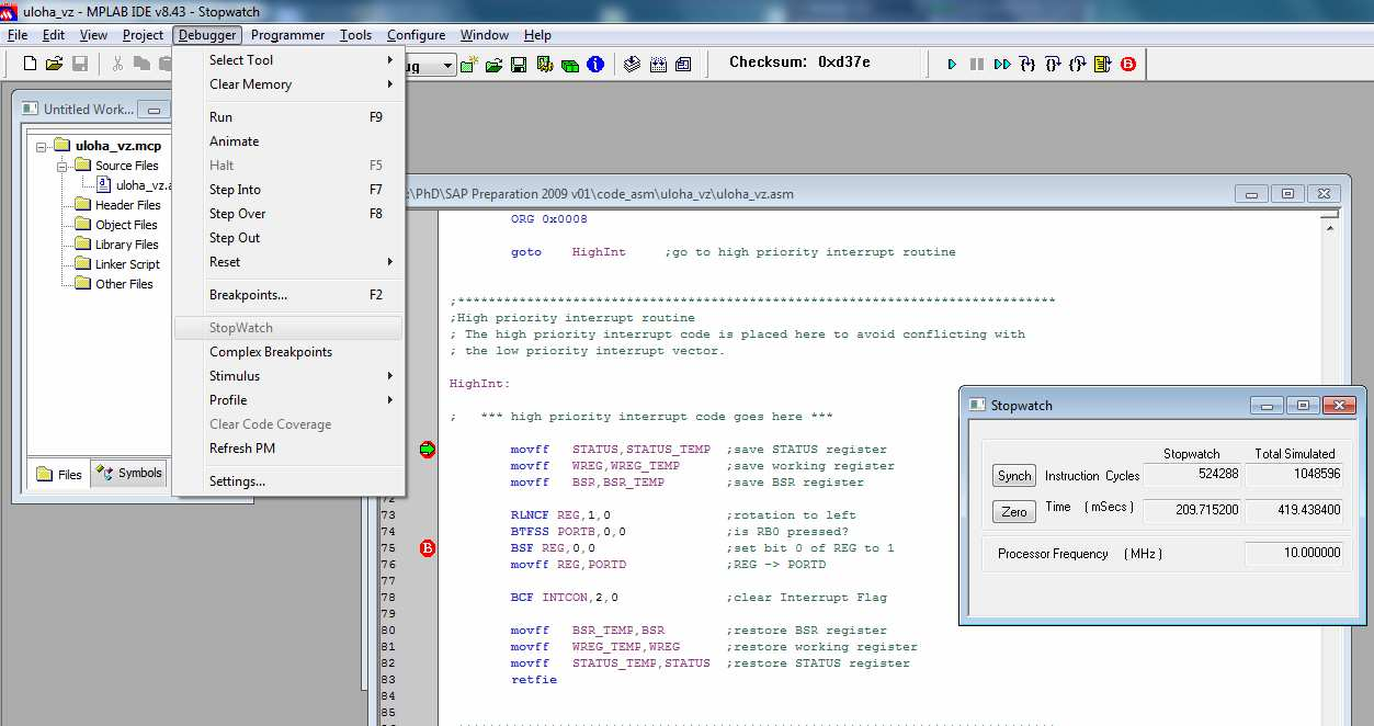 Vložení Breakpointu a určení doby trvání úseku programu (Debugger -> StopWatch) Breakpoint se vloží