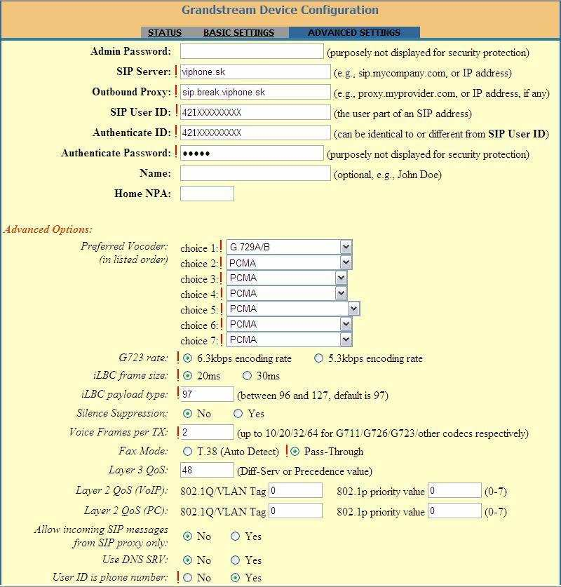 2.2. Rozšírené nastavenie Advanced Settings Na tejto stránke hlavne nastavte: SIP Server: viphone.