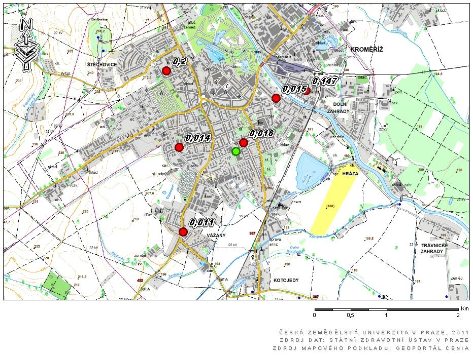 Mapa překročení hodnoty antracenu v půdě představující zdravotní riziko v