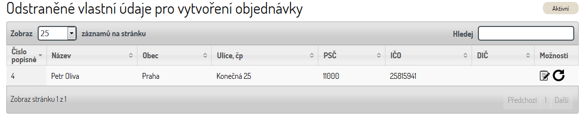 Použijeme-li tlačítko Odstraněné otevře se nám tabulka s odstraněnými záznamy: Obrázek 11: Tabulka odstraněné vlastní údaje pro vytvoření objednávky I zde můžeme záznam opravit tlačítkem nebo ho