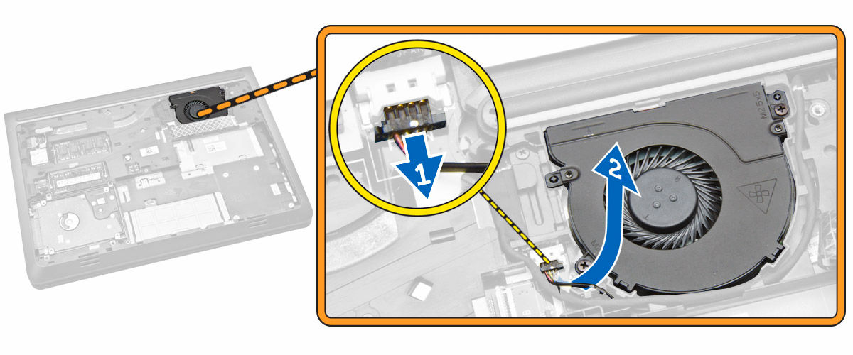 5. Podle obrázku proveďte následující kroky: a. Uvolněte šroub upevňující systémový ventilátor k počítači [1]. b.