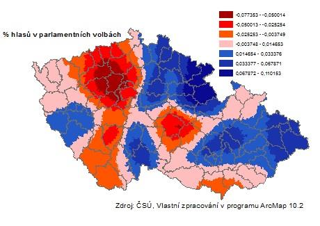 Obr. 16: Mapový výstup geograficky vážené regrese ČSSD - % hlasů v parlamentních