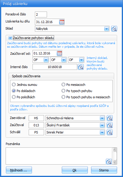 Program pomocou uvedenej funkcie porovná evidenčné stavy zásob so skutočným stavom zaevidovaným v príjemke Výsledok inventúry a v prípade zistených rozdielov automaticky vygeneruje príjemku Prebytok