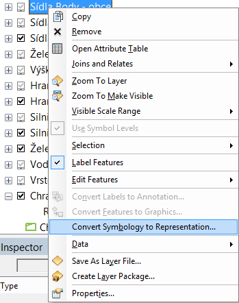 Obrázek 4.18: Convert Symbology to Representation, převzato z ArcMap Po potvrzení výběru se zobrazí dialogové okno nástroje, kde je možné nastavit parametry pro uložení kartografické reprezentace.