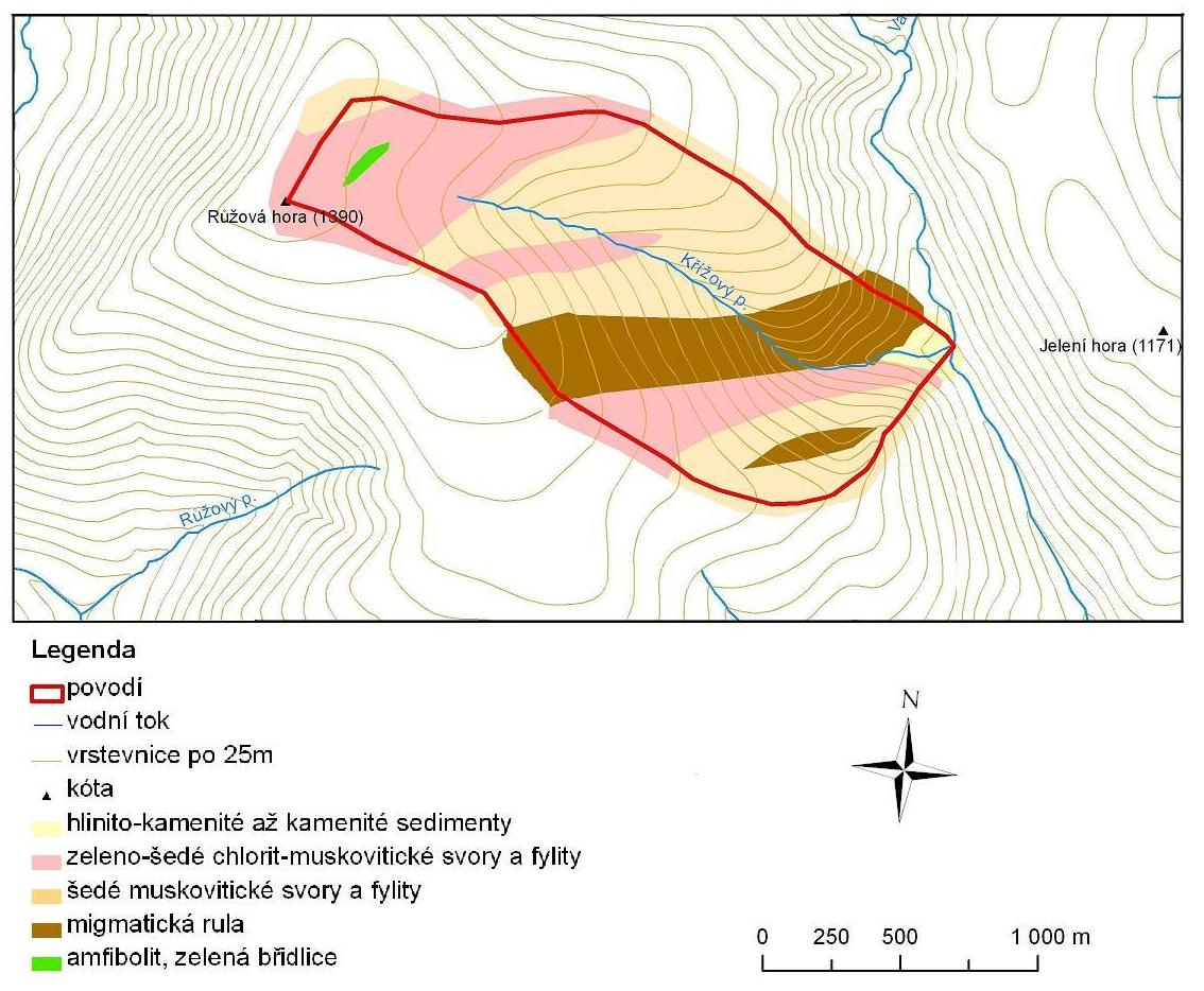 Geologie Z hlediska geologické regionalizace se povodí Kříţového potoka řadí do oblasti Krkonošsko-jizerského krystalinika. Geologická stavba podloţí je relativně homogenní.