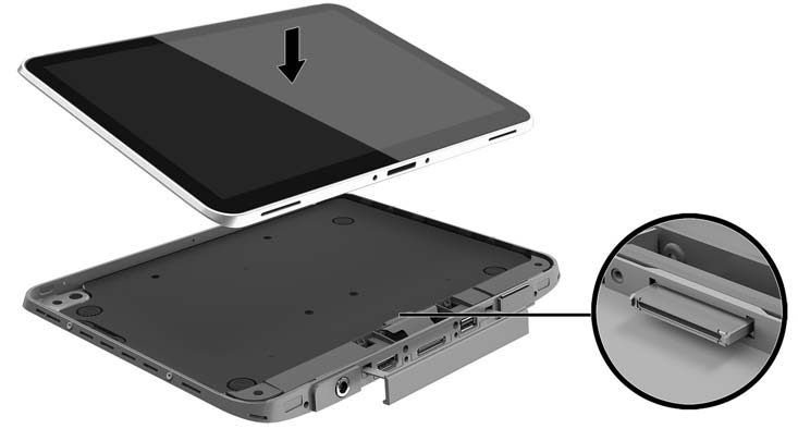 11. Vložte tablet do spodného krytu plášťa, pričom sa uistite, že napájací konektor na spodnom kryte je vložený do portu napájacieho