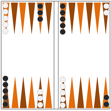 VRHCÁBY (BACKGAMMON, TAVLI) Hrací deska (oba hráči říkají prvním šesti polím na své straně desky vnitřní pole, druhým šesti vnější pole.). Základní rozestavení, viz obrázek.