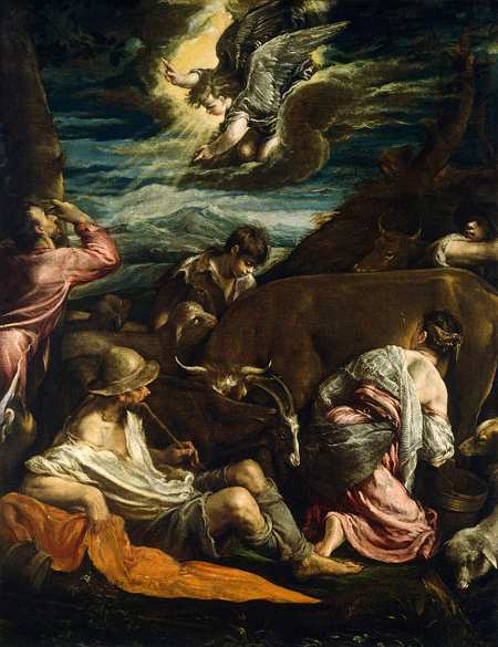 Obrazová příloha 1. Zvěstování pastýřům, Jacopo Bassano, 1558, Olej, plátno, 106,1 x 82,6, inv. č.