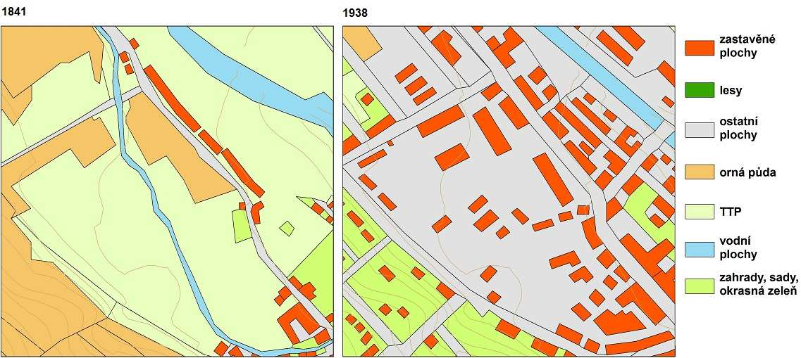 Obr.28: Vývoj využití ploch v ZSJ Střední Předměstí mezi roky 1841 a 1938 (zdroj: vlastní návrh) Obr.29: Faltisova továrna ve Středním Předměstí na počátku 20.