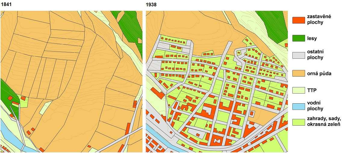 Hlavním trendem celkových změn krajiny v období 1841 1938 byl především úbytek orné půdy (pokles o více jak 900 ha). Obrázky č.