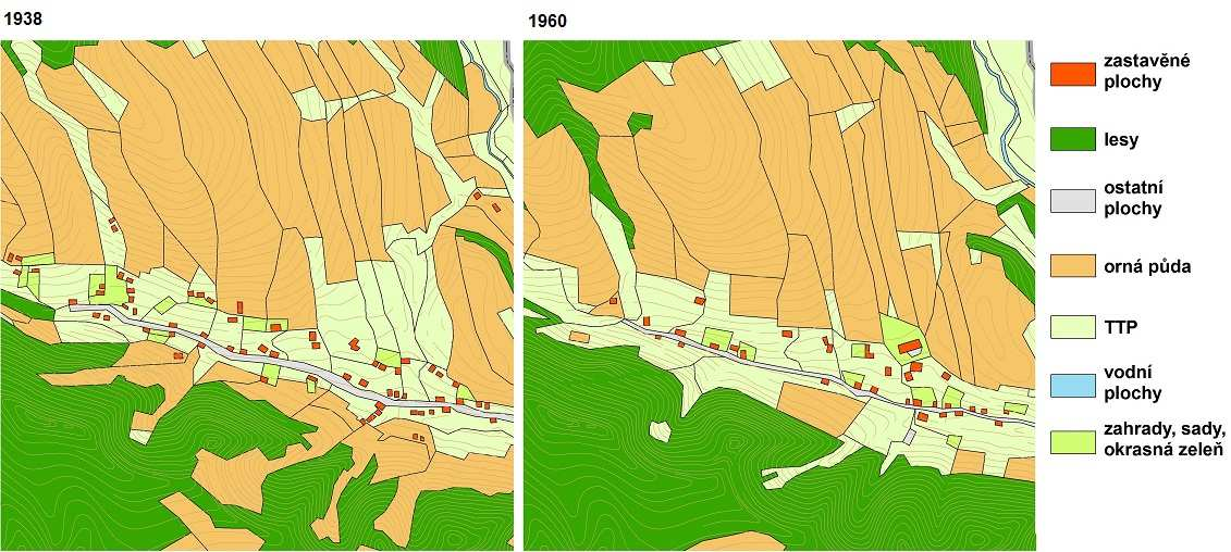 Obr.41: Vývoj využití ploch v ZSJ Libeč mezi roky 1938 a 1960 (zdroj: vlastní návrh) Ze všech okolních trutnovských obcí se odsun německého obyvatelstva nejvíce projevil v obci Debrné (obr.42).