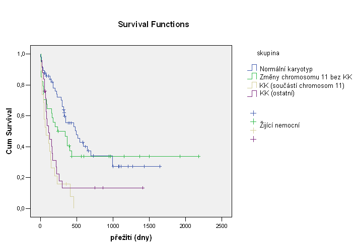 Tabulka 15a. Porovnání přežití u nemocných s normálním karyotypem, změnami chromosomu 11 bez mnohočetných přídatných chromosomových změn a komplexním karyotypem (KK) s/bez účasti chromosomu 11.