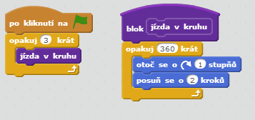 Obrázek 3-13 Řešení úlohy 3 cyklem 2) Cyklus uvedený v bodě 1) lze vložit jako obsah bloku, jehož vícenásobným opakováním naprogramuje požadovaný počet objetí kruhového objezdu.