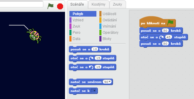 Poznámky pro učitele: U žáků se již předpokládá obeznámení s prostředím Scratch (otevření/převzetí projektu, vkládání příkazů a znalost programování pohybů postavy).