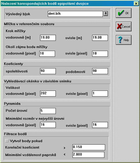 1-8: Dialog - nastavení automatické tvorby DMT Runí sbr bod DMT - je možné spustit také volbou Body do DMT manuáln z menu Operace. Jednotlivé body se poté snímaní monokulárn na obou snímcích.