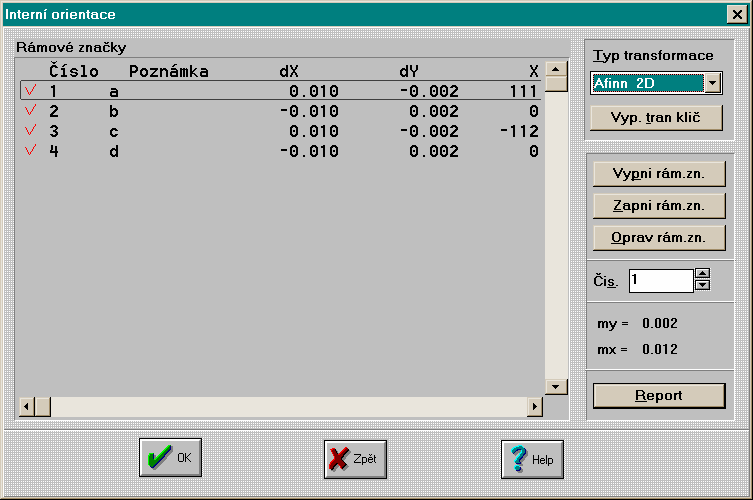 Výpoet - dialog obsahuje snímkové a pixelové souadnice jednotlivých rámových znaek i s jejich odchylkami v snímkových souadnicích pro zvolenou transformaci.